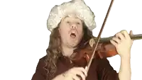 a man with long hair is playing a violin and wearing a wig