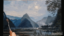 a painting of mountains and a body of water is made in animotica