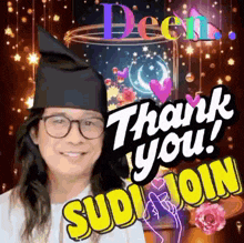 a man with long hair and glasses is wearing a black hat and a thank you sign .