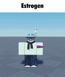a cartoon character is wearing a blue hat and scarf and the word estrogen is above him