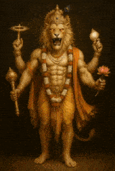 a painting of a lion holding a lotus flower and a torch