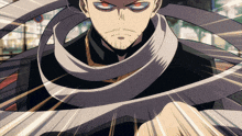 a cartoon character with a scarf around his neck and red eyes