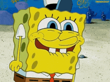 spongebob squarepants is smiling and holding a shovel in his right hand .