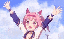 a cartoon girl with pink hair and ears is standing with her arms in the air .
