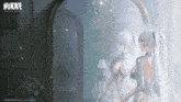 a poster for a game called nikke shows a woman in a white dress looking at herself in the mirror