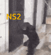 a monkey standing in front of a door with the word ns2 on it