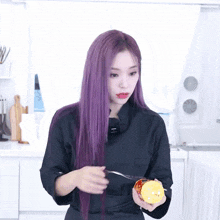 a woman with purple hair is holding an apple and a fork in her hands