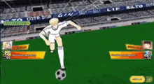 a soccer player is kicking a ball in front of a banner that says bilto
