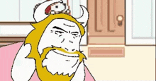 a cartoon of a man with a beard and horns is laying on a bed .