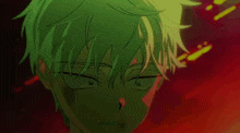a close up of a person 's face with green hair and glasses