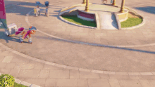 a cartoon pony wearing a helmet is standing on the sidewalk