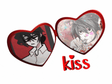 two hearts with a picture of a man and the word kiss on the bottom