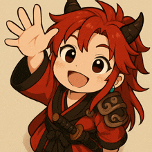 a cartoon character with red hair and horns waves her hand