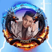 a picture of a man with two dragons and the name pionet on the bottom
