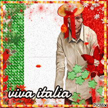 a picture of a man wearing a hat with the words viva italia on the bottom