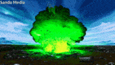 a picture of a green and yellow explosion with sanda media written on the bottom