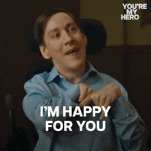 a man in a wheelchair with the words i 'm happy for you below him