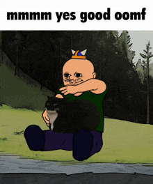 a cartoon of a man holding a cat with the words " mmmm yes good oomf " on the bottom
