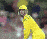 a cricket player wearing a yellow helmet with the number 1 on his chest