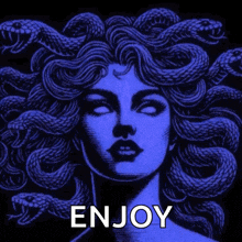 a drawing of medusa with snakes in her hair and the words enjoy