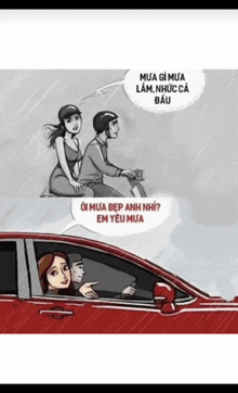 a cartoon of a man driving a car with a woman sitting on a motorcycle