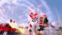 a cartoon character in a white and red costume is being attacked by a red car .