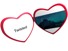 a pair of red heart shaped sunglasses with the word twisted on the front