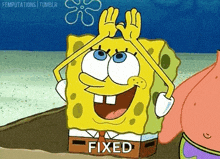 a cartoon of spongebob squarepants making a funny face with his hands over his head .