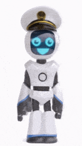 a white robot wearing a captain 's hat is saluting