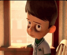 a cartoon boy is standing in front of a window with a sad look on his face .