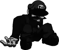 a black and white drawing of a man wearing a hat with a m on it