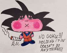 a drawing of a cartoon character with the words no goku holding it in