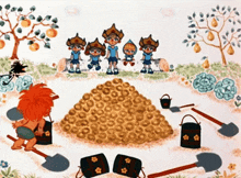 a cartoon drawing of a group of children standing around a pile of cookies