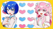 a blue haired girl and a pink haired girl are making a heart with their hands