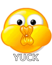 a yellow smiley face with a bow in its mouth and the words yuck written below it .
