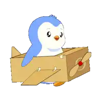 a blue and white penguin is sitting in a cardboard airplane