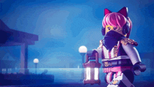 a lego girl with pink hair is holding a lantern and wearing headphones