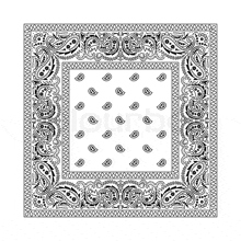 stock image of a black and white bandana with paisley pattern on a white background