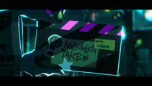 a person holding a clapper board that says halloween take on it