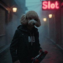 a poodle wearing a black jacket with the letter mb on it