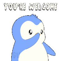 a blue and white penguin with a heart and the words " you 're welcome "