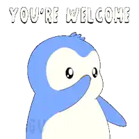 a blue and white penguin with a heart and the words " you 're welcome "