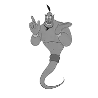 a black and white drawing of a genie pointing upwards