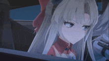 two anime girls are sitting in a car and one has a red hat on