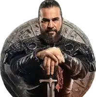 a man with a beard is leaning on a shield with his hands on a sword
