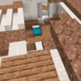 an aerial view of a house in minecraft with a blue bed in the middle of the room .