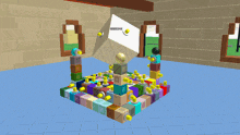 a blue cube with a few letters on it is sitting on top of a pile of lego blocks