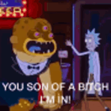 rick and morty are standing next to each other in a room and talking to each other in a cartoon .
