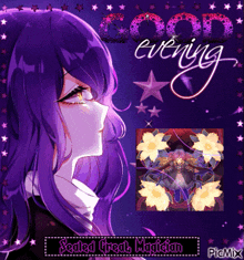 a picture of a girl with purple hair and the words good evening on it