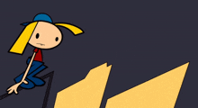 a cartoon character with blonde hair and a blue hat is sitting on a ledge